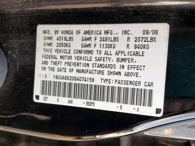 19UUA66206A074159 - 2006 ACURA 3.2TL BLACK photo 10