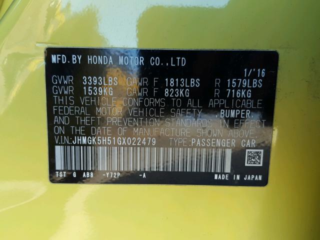 JHMGK5H51GX022479 - 2016 HONDA FIT LX YELLOW photo 10