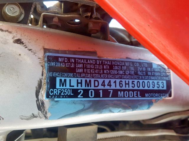 MLHMD4416H5000953 - 2017 HONDA CRF250 L RED photo 10
