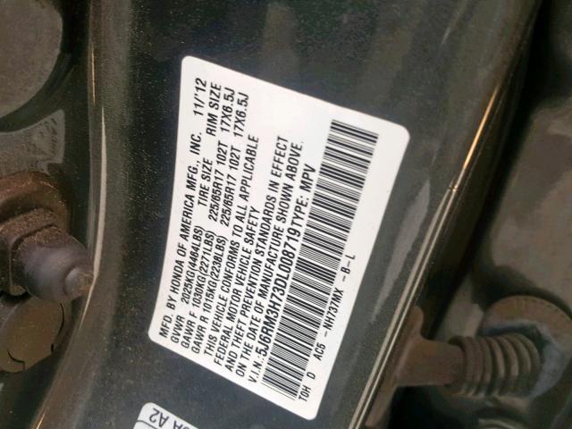 5J6RM3H73DL008719 - 2013 HONDA CR-V EXL GRAY photo 10