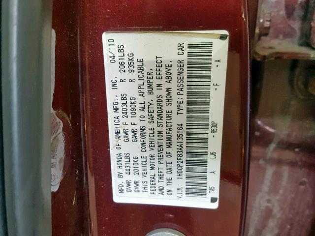 1HGCP2F83AA135164 - 2010 HONDA ACCORD EXL MAROON photo 10