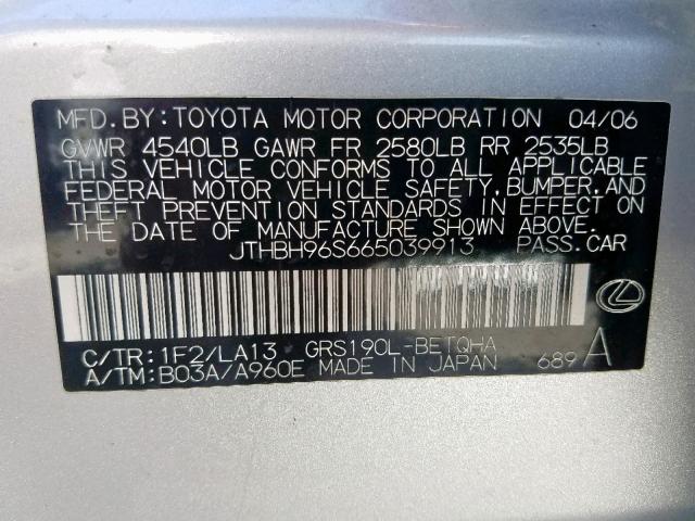 JTHBH96S665039913 - 2006 LEXUS GS 300 SILVER photo 10