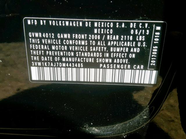 3VW1K7AJ7DM443485 - 2013 VOLKSWAGEN JETTA BASE 黑色 照片 10