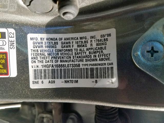 1HGFA16866L073358 - 2006 HONDA CIVIC EX GRAY photo 10