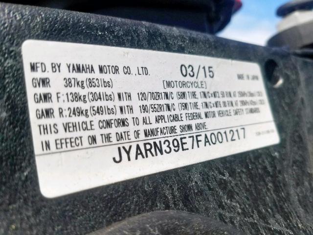 JYARN39E7FA001217 - 2015 YAMAHA YZFR1 BLACK photo 10