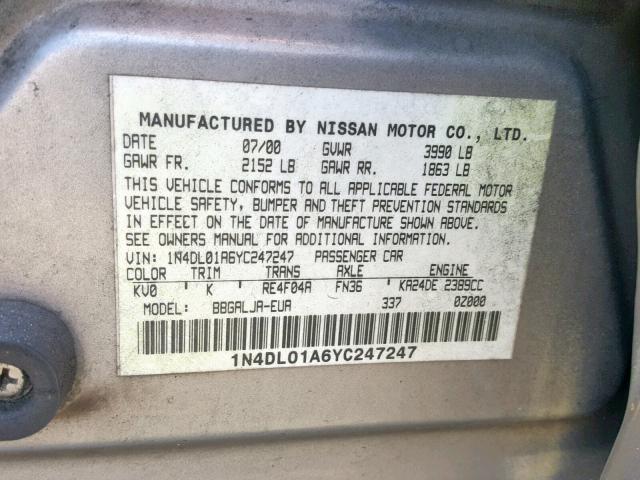 1N4DL01A6YC247247 - 2000 NISSAN ALTIMA XE GOLD photo 10