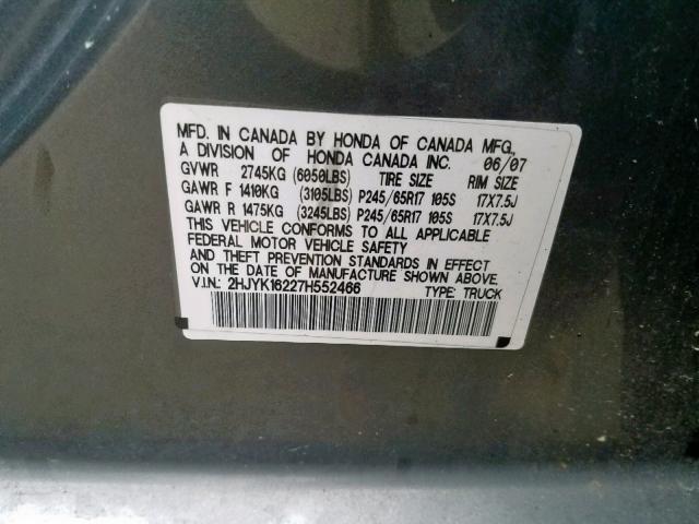 2HJYK16227H552466 - 2007 HONDA RIDGELINE CHARCOAL photo 10