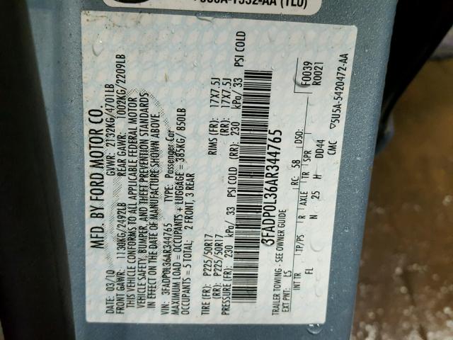 3FADP0L36AR344765 - 2010 FORD FUSION HYB BLUE photo 10