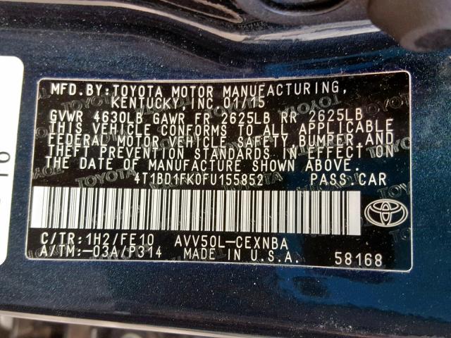 4T1BD1FK0FU155852 - 2015 TOYOTA CAMRY HYBR BLUE photo 10