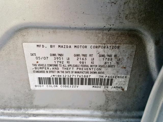 JM1BK323271765887 - 2007 MAZDA 3 S SILVER photo 10