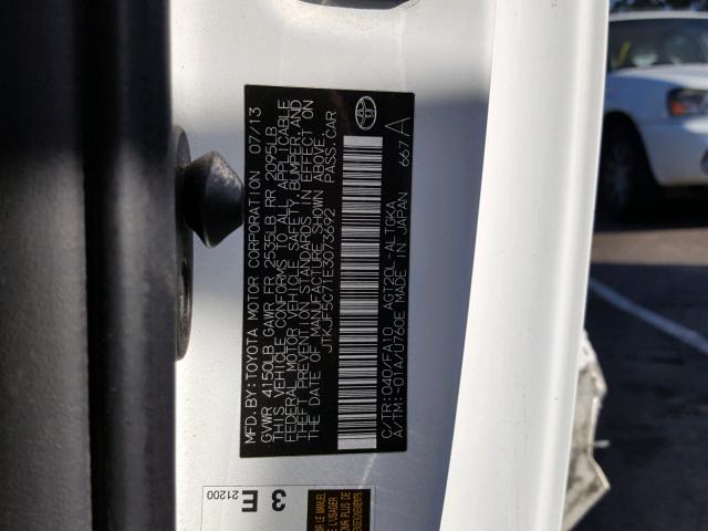 JTKJF5C71E3073692 - 2014 TOYOTA SCION TC 白色 照片 10