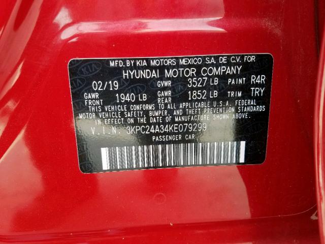 3KPC24A34KE079299 - 2019 HYUNDAI ACCENT SE RED photo 10