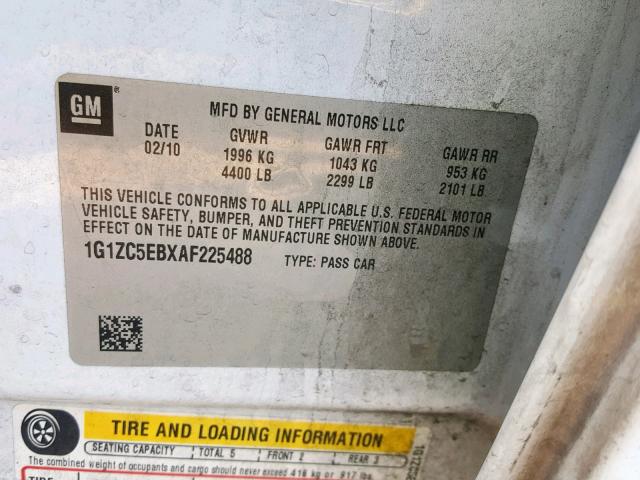 1G1ZC5EBXAF225488 - 2010 CHEVROLET MALIBU 1LT WHITE photo 10