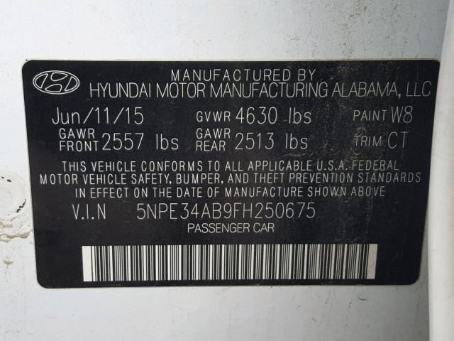 5NPE34AB9FH250675 - 2015 HYUNDAI SONATA SPO WHITE photo 10