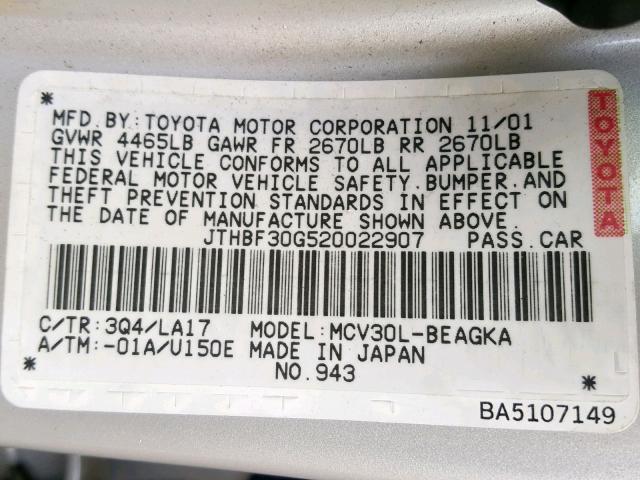 JTHBF30G520022907 - 2002 LEXUS ES 300 SILVER photo 10