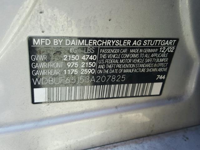 WDBUF65J53A207825 - 2003 MERCEDES-BENZ E 320 SILVER photo 10