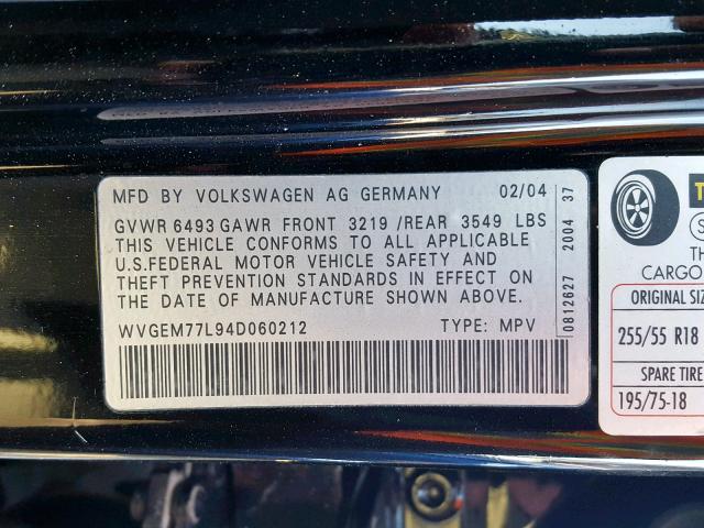 WVGEM77L94D060212 - 2004 VOLKSWAGEN TOUAREG 4. BLACK photo 10