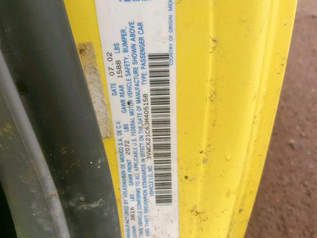 3VWCK21C63M405158 - 2003 VOLKSWAGEN NEW BEETLE ყვითელი ფოტო 10