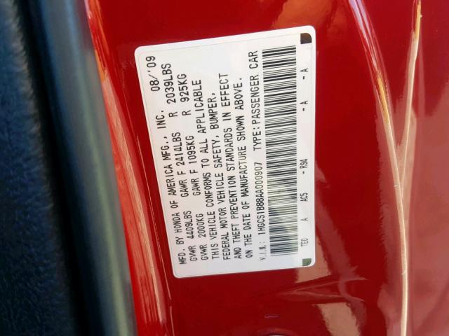 1HGCS1B88AA000907 - 2010 HONDA ACCORD EXL RED photo 10