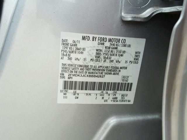 2FMDK3JCXBBB42827 - 2011 FORD EDGE SEL SILVER photo 10