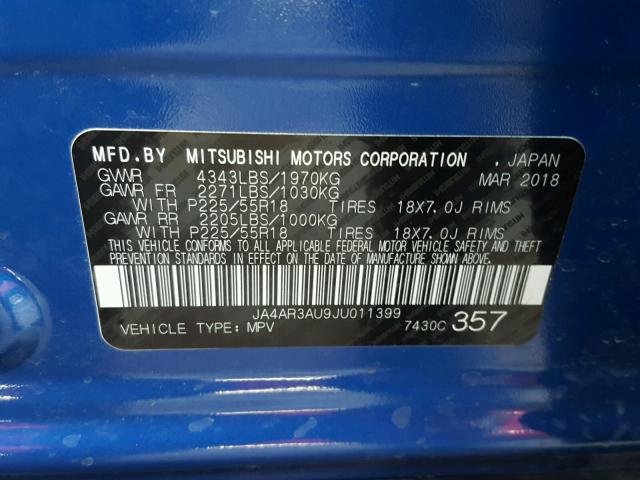 JA4AR3AU9JU011399 - 2018 MITSUBISHI OUTLANDER BLUE photo 10