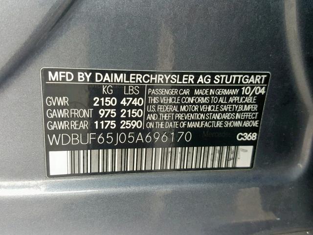 WDBUF65J05A696170 - 2005 MERCEDES-BENZ E 320 BLUE photo 10