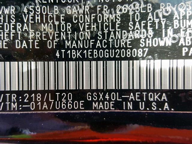 4T1BK1EB0GU208087 - 2016 TOYOTA AVALON XLE BLACK photo 10