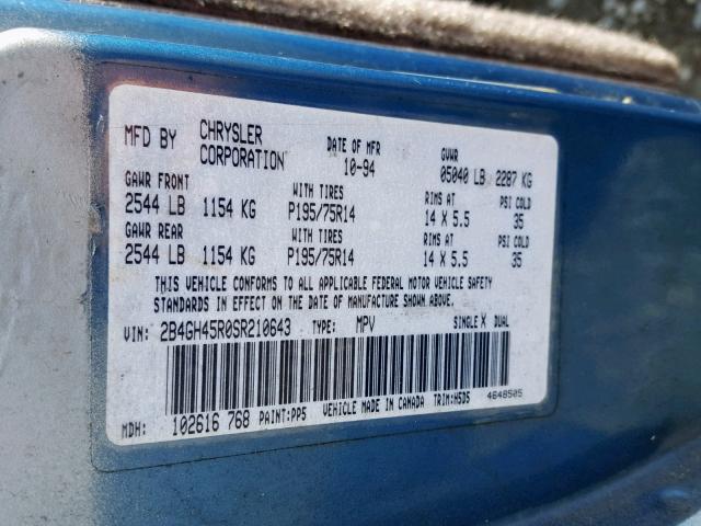 2B4GH45R0SR210643 - 1995 DODGE CARAVAN SE BLUE photo 10