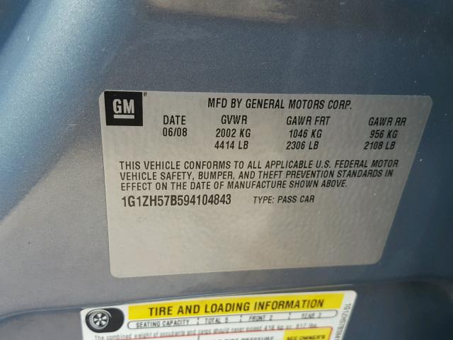 1G1ZH57B594104843 - 2009 CHEVROLET MALIBU 1LT BLUE photo 10