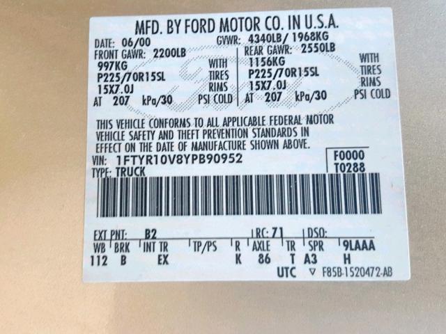 1FTYR10V8YPB90952 - 2000 FORD RANGER GOLD photo 10