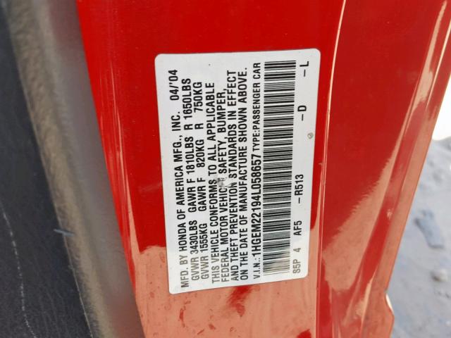 1HGEM22194L058657 - 2004 HONDA CIVIC DX V RED photo 10