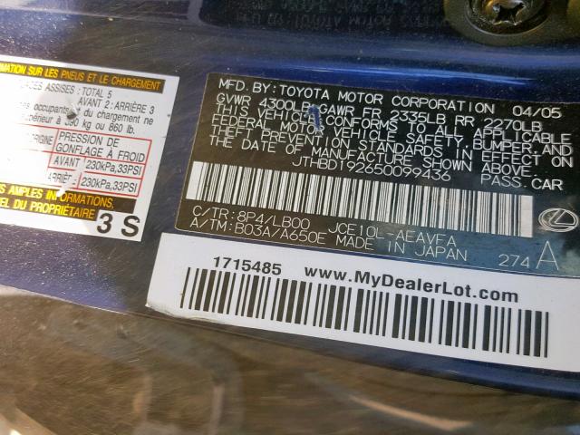 JTHBD192650099436 - 2005 LEXUS IS 300 BLUE photo 10