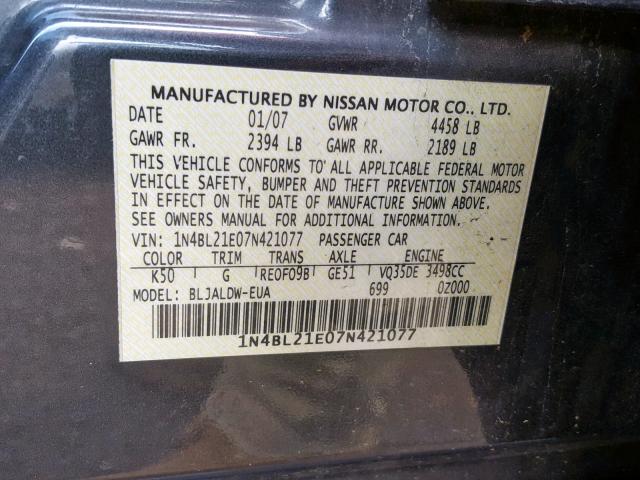 1N4BL21E07N421077 - 2007 NISSAN ALTIMA 3.5 GRAY photo 10