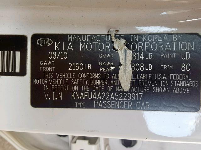 KNAFU4A22A5229917 - 2010 KIA FORTE EX WHITE photo 10