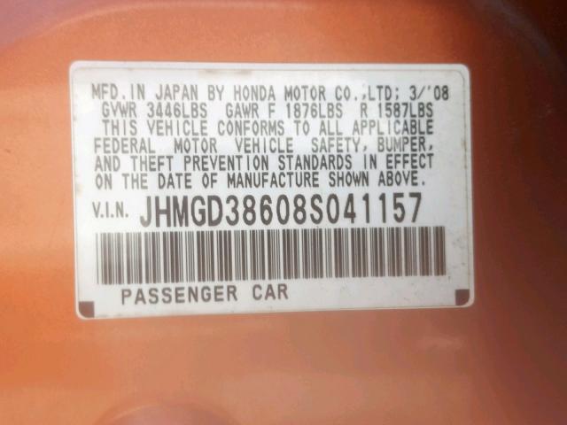 JHMGD38608S041157 - 2008 HONDA FIT SPORT ORANGE photo 10