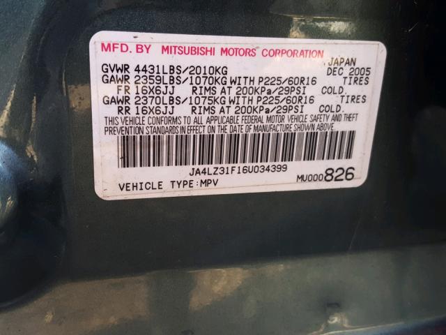 JA4LZ31F16U034399 - 2006 MITSUBISHI OUTLANDER GREEN photo 10