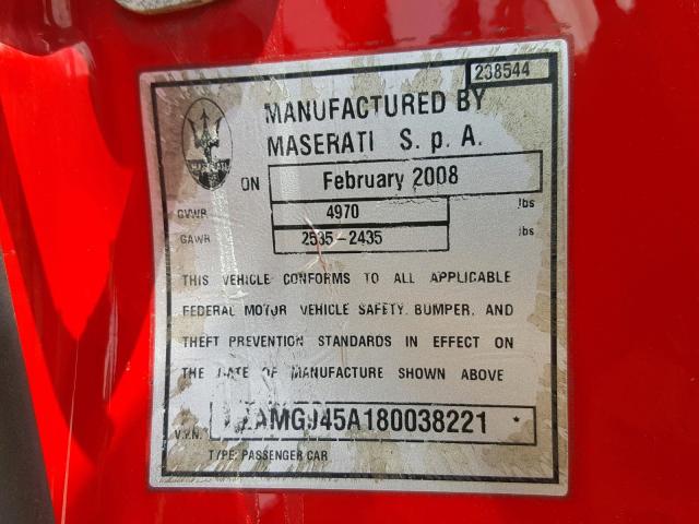 ZAMGJ45A180038221 - 2008 MASERATI GRANTURISM RED photo 10