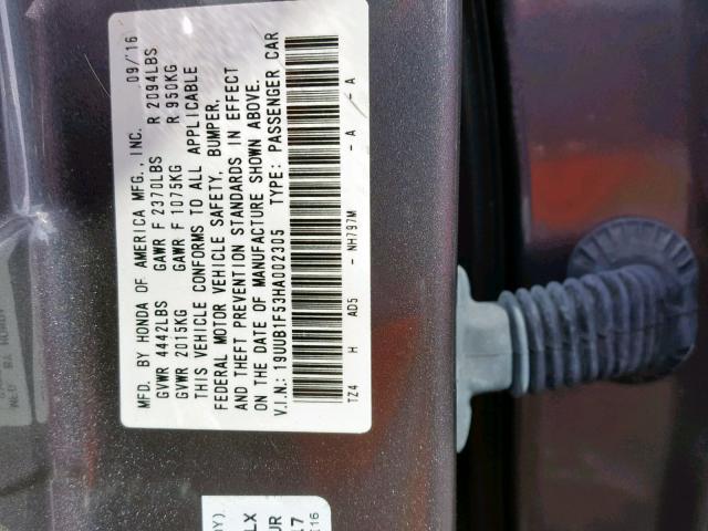 19UUB1F53HA002305 - 2017 ACURA TLX TECH GRAY photo 10