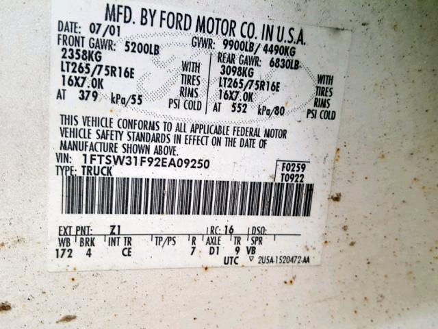 1FTSW31F92EA09250 - 2002 FORD F350 SRW S WHITE photo 10