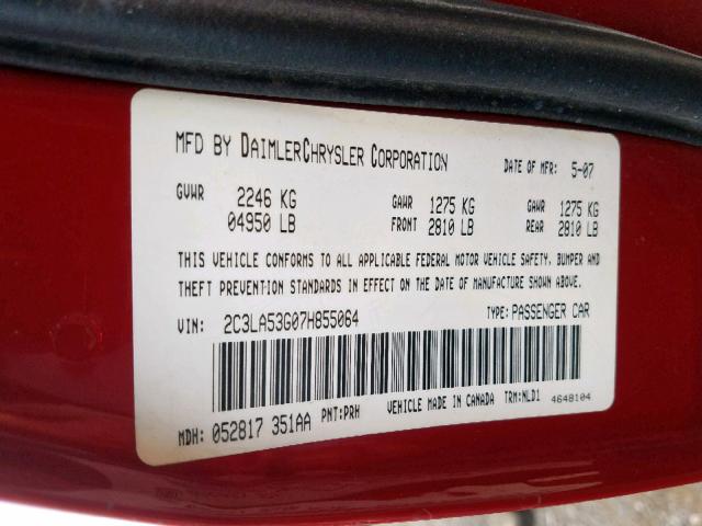 2C3LA53G07H855064 - 2007 CHRYSLER 300 TOURIN RED photo 10