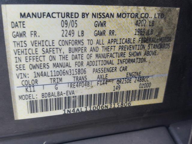 1N4AL11D06N315806 - 2006 NISSAN ALTIMA S BLACK photo 10