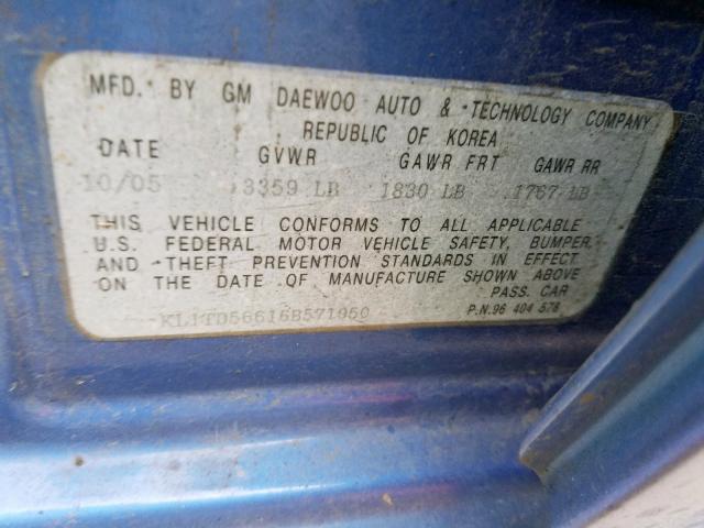 KL1TD56616B571950 - 2006 CHEVROLET AVEO BASE Көк фото 10