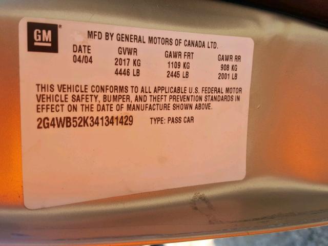 2G4WB52K341341429 - 2004 BUICK REGAL LS TAN photo 10