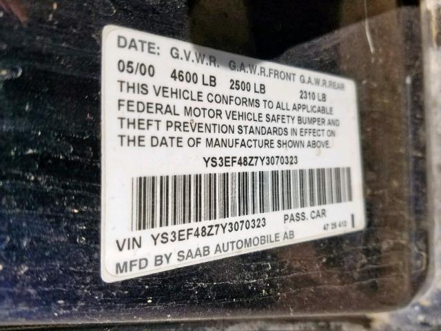 YS3EF48Z7Y3070323 - 2000 SAAB 9-5 SE BLUE photo 10