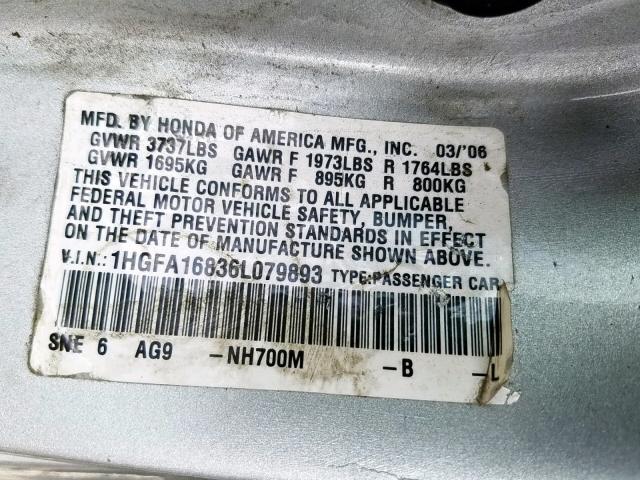 1HGFA16836L079893 - 2006 HONDA CIVIC EX SILVER photo 10