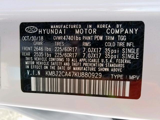 KM8J2CA47KU880929 - 2019 HYUNDAI TUCSON SE WHITE photo 10