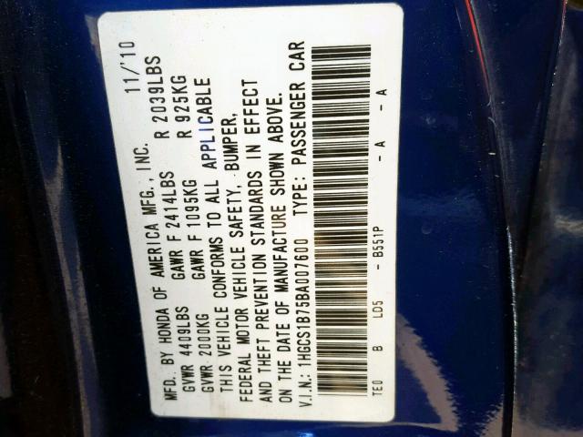 1HGCS1B75BA007600 - 2011 HONDA ACCORD EX BLUE photo 10