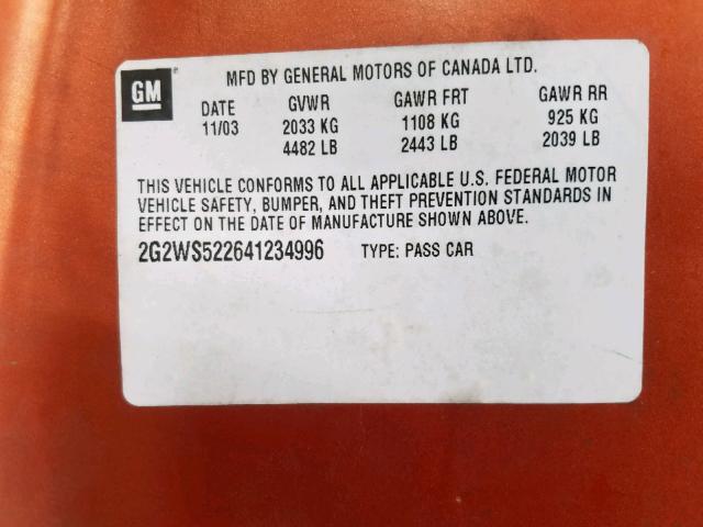 2G2WS522641234996 - 2004 PONTIAC GRAND PRIX ORANGE photo 10
