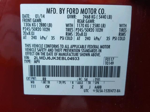 2LMDJ6JK3EBL04933 - 2014 LINCOLN MKX RED photo 10