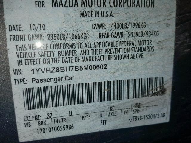 1YVHZ8BH7B5M00602 - 2011 MAZDA 6 I BLUE photo 10